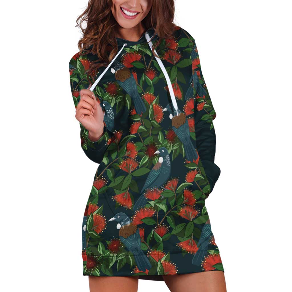 New Zealand Christmas Hoodie Dress Romantic Tui Birds on Pohutukawa - Cobalt - Vibe Hoodie