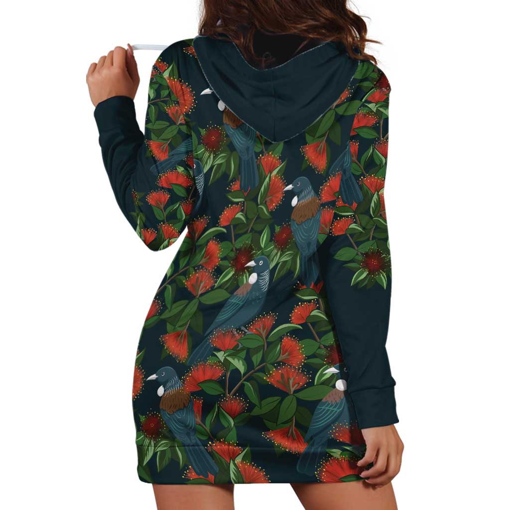 New Zealand Christmas Hoodie Dress Romantic Tui Birds on Pohutukawa - Cobalt - Vibe Hoodie