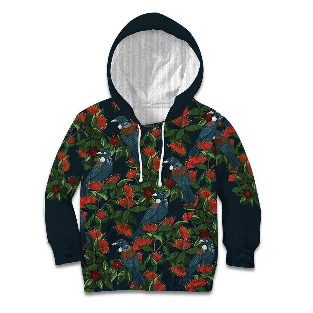New Zealand Christmas Kid Hoodie Romantic Tui Birds on Pohutukawa - Cobalt - Vibe Hoodie