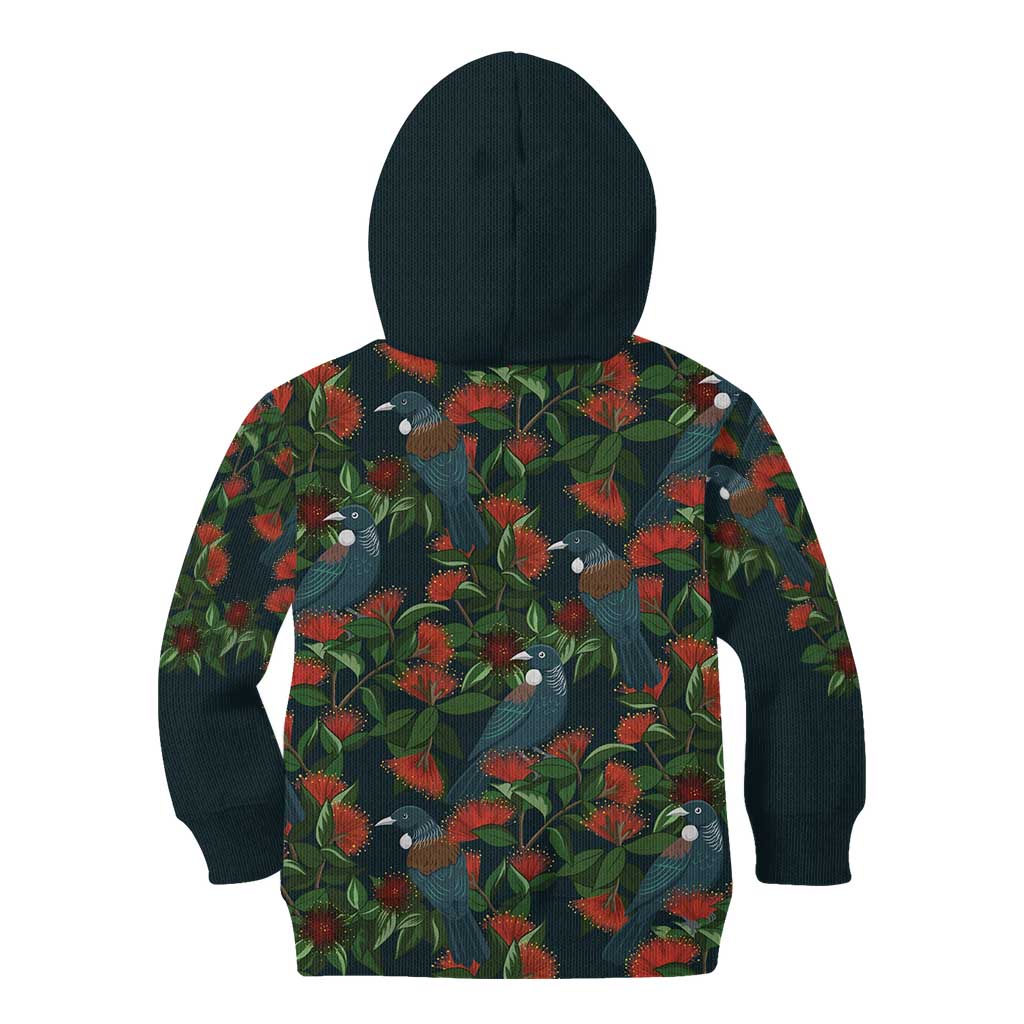 New Zealand Christmas Kid Hoodie Romantic Tui Birds on Pohutukawa - Cobalt - Vibe Hoodie