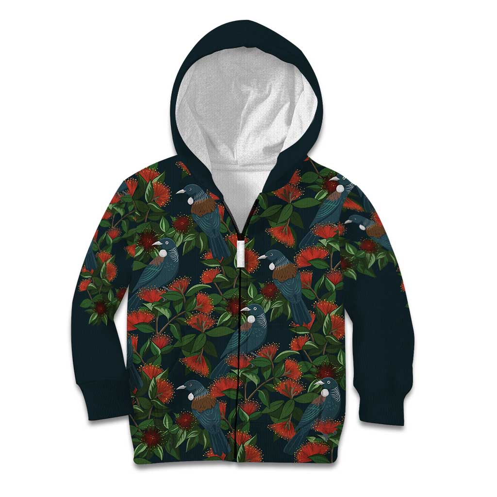 New Zealand Christmas Kid Hoodie Romantic Tui Birds on Pohutukawa - Cobalt - Vibe Hoodie