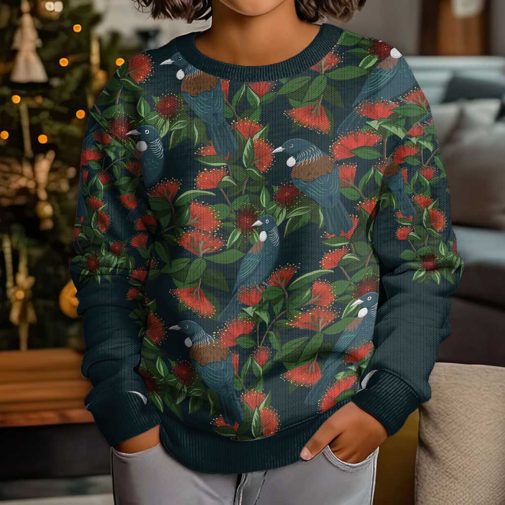 New Zealand Christmas Kid Ugly Christmas Sweater Romantic Tui Birds on Pohutukawa - Cobalt - Vibe Hoodie
