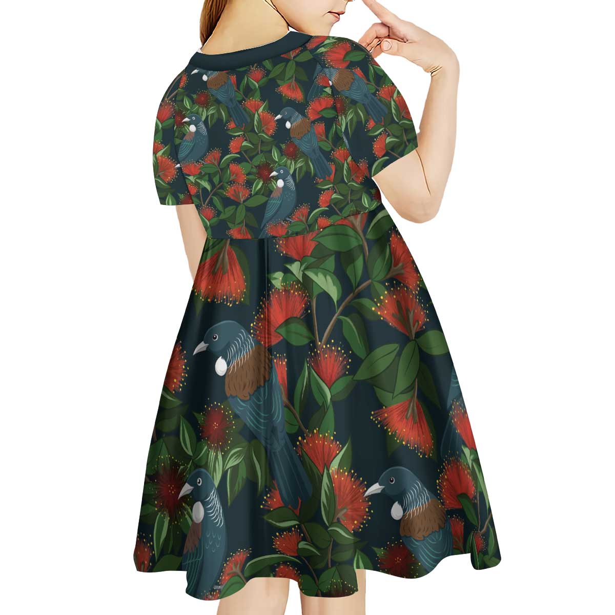 New Zealand Christmas Kid Short Sleeve Dress Romantic Tui Birds on Pohutukawa - Cobalt - Vibe Hoodie