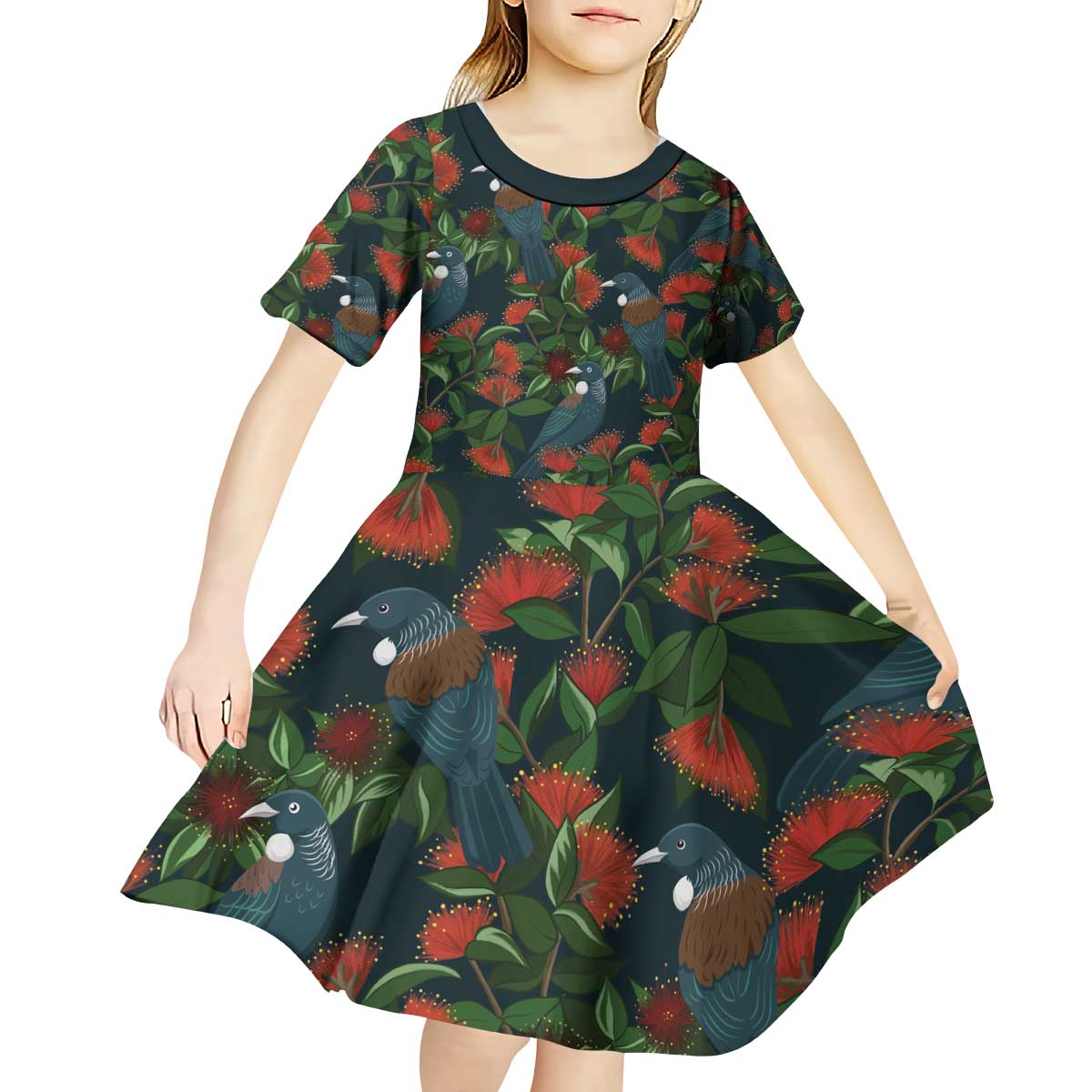 New Zealand Christmas Kid Short Sleeve Dress Romantic Tui Birds on Pohutukawa - Cobalt - Vibe Hoodie