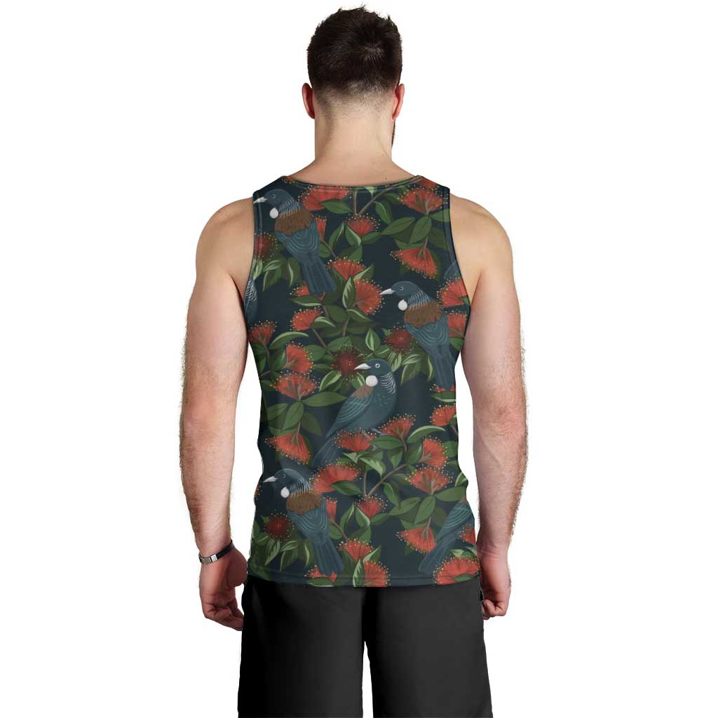 New Zealand Christmas Men Tank Top Romantic Tui Birds on Pohutukawa - Cobalt - Vibe Hoodie