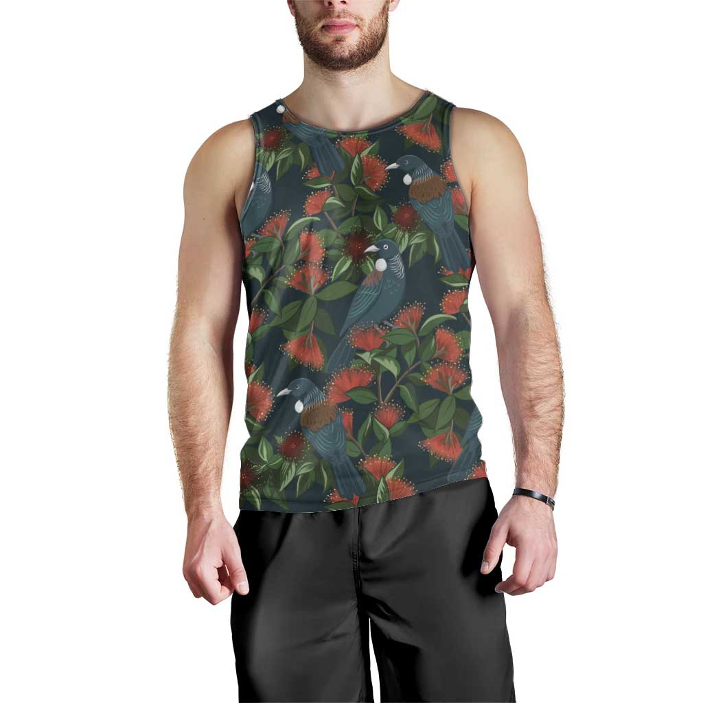 New Zealand Christmas Men Tank Top Romantic Tui Birds on Pohutukawa - Cobalt - Vibe Hoodie