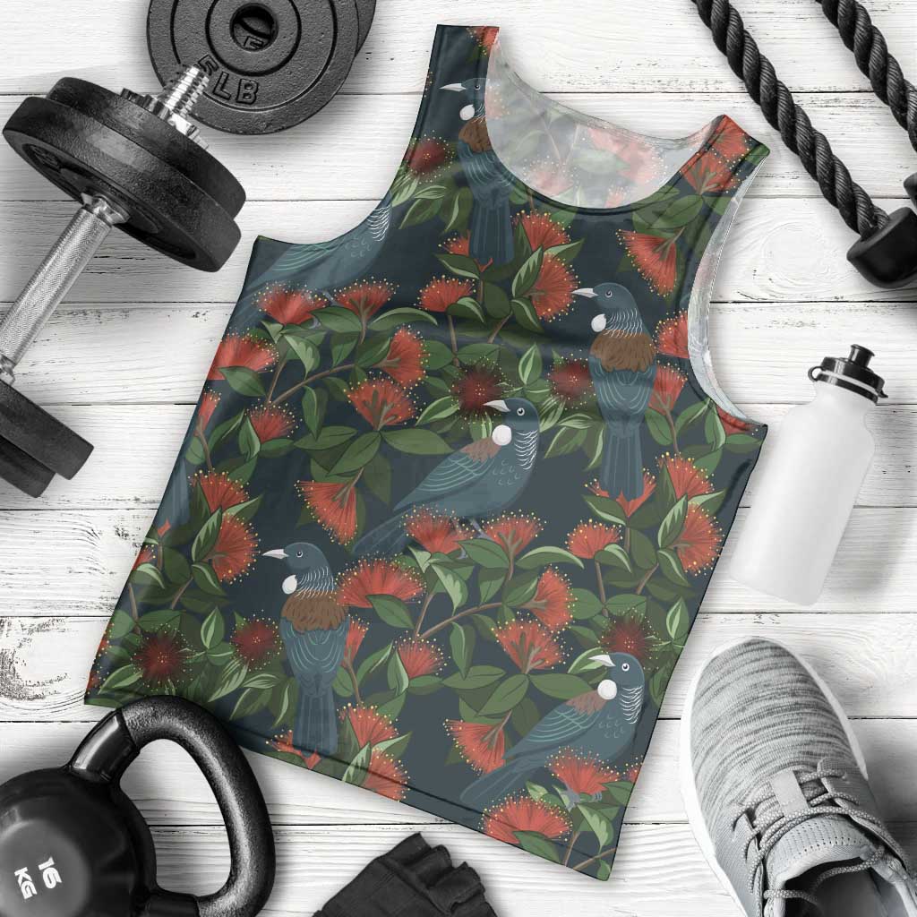 New Zealand Christmas Men Tank Top Romantic Tui Birds on Pohutukawa - Cobalt - Vibe Hoodie
