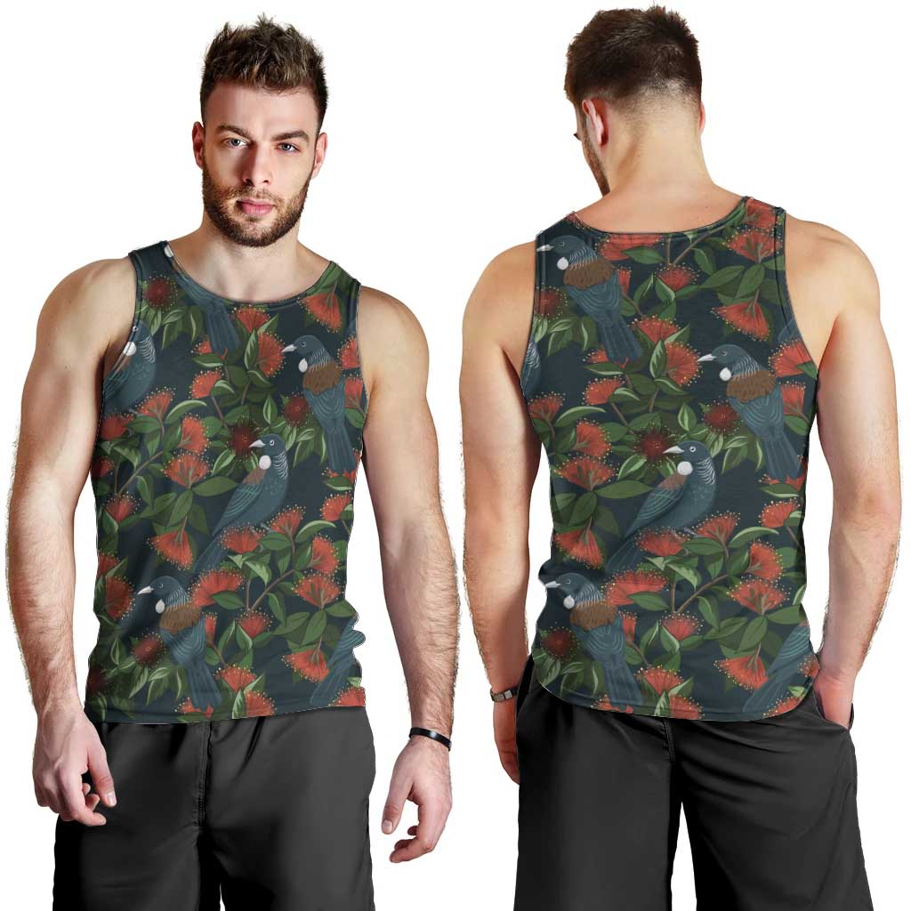 New Zealand Christmas Men Tank Top Romantic Tui Birds on Pohutukawa - Cobalt - Vibe Hoodie