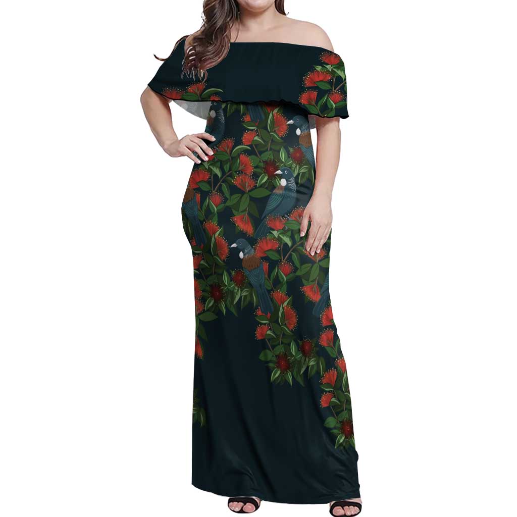 New Zealand Christmas Off Shoulder Maxi Dress Romantic Tui Birds on Pohutukawa - Cobalt - Vibe Hoodie