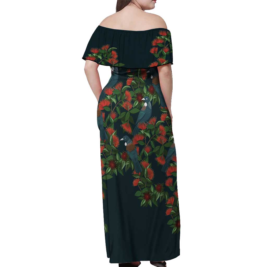 New Zealand Christmas Off Shoulder Maxi Dress Romantic Tui Birds on Pohutukawa - Cobalt - Vibe Hoodie