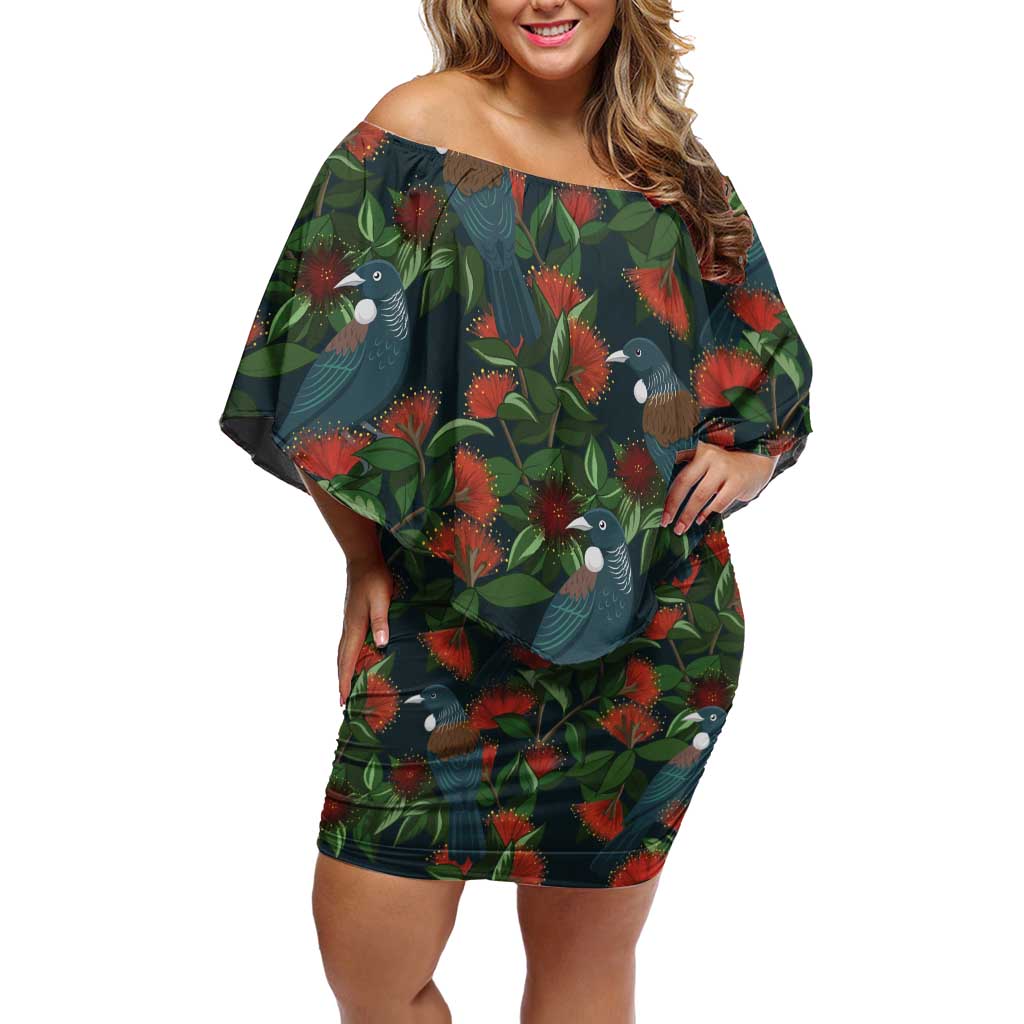 New Zealand Christmas Off Shoulder Short Dress Romantic Tui Birds on Pohutukawa - Cobalt - Vibe Hoodie
