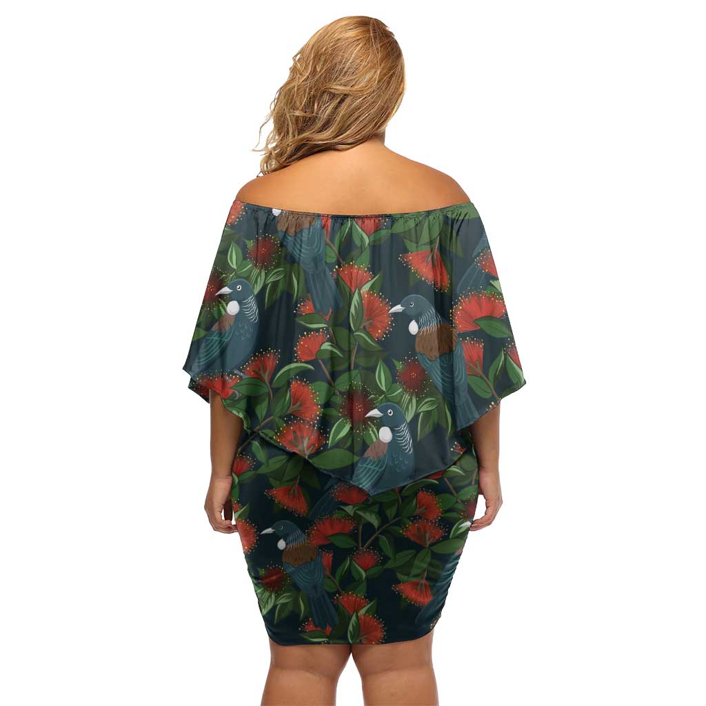 New Zealand Christmas Off Shoulder Short Dress Romantic Tui Birds on Pohutukawa - Cobalt - Vibe Hoodie