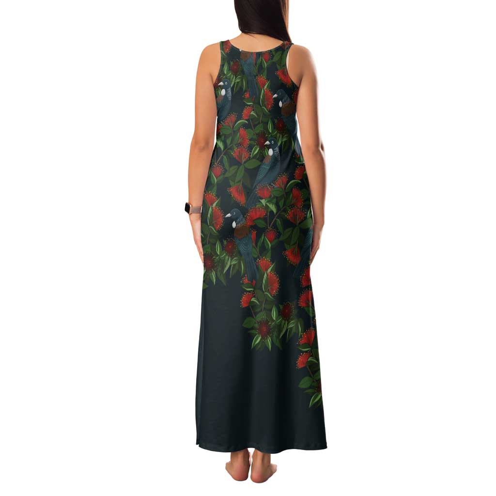 New Zealand Christmas Tank Maxi Dress Romantic Tui Birds on Pohutukawa - Cobalt - Vibe Hoodie