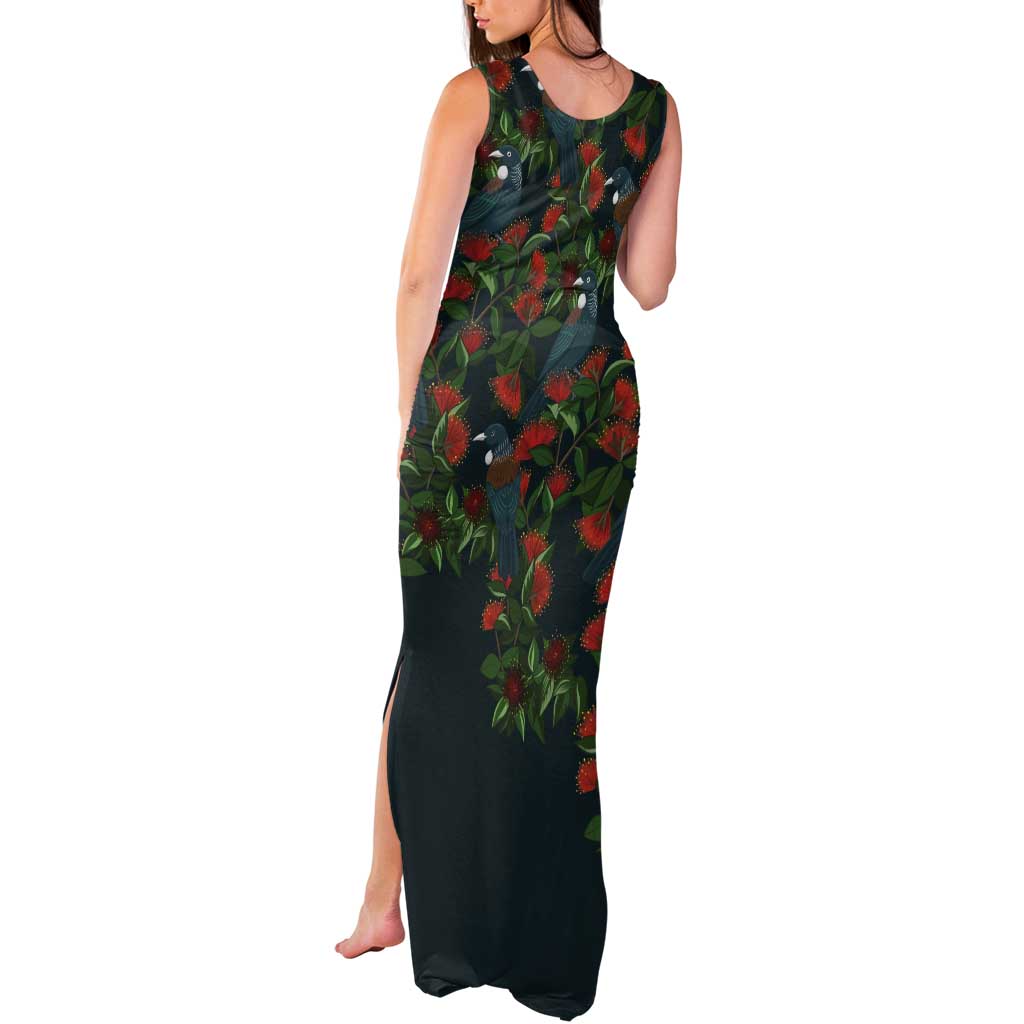 New Zealand Christmas Tank Maxi Dress Romantic Tui Birds on Pohutukawa - Cobalt - Vibe Hoodie
