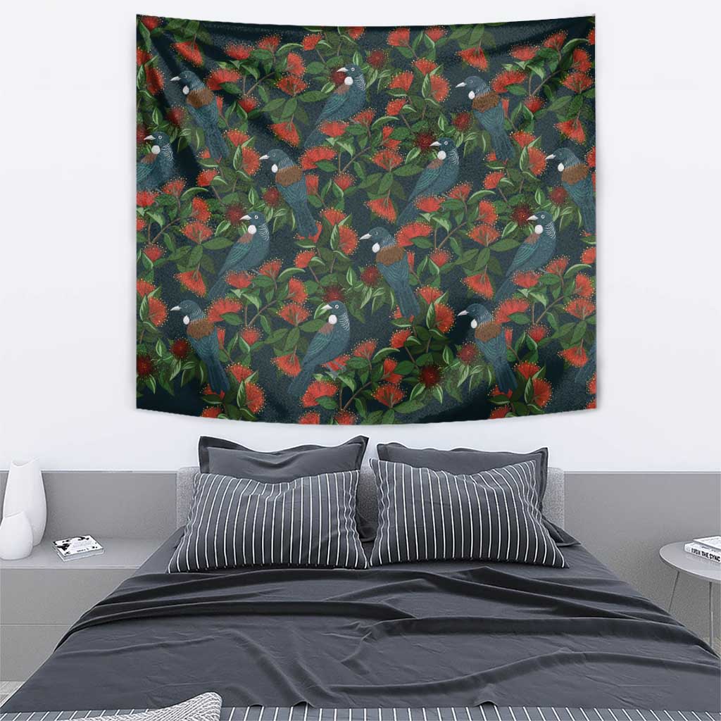 New Zealand Christmas Tapestry Romantic Tui Birds on Pohutukawa - Cobalt - Vibe Hoodie
