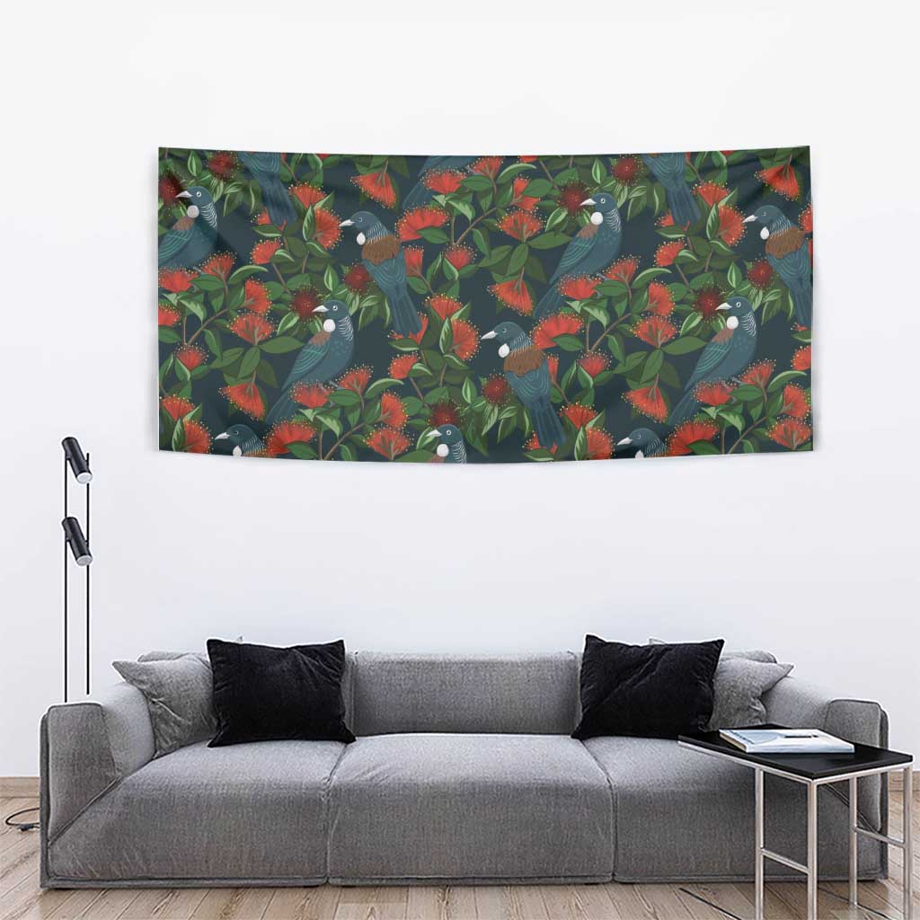 New Zealand Christmas Tapestry Romantic Tui Birds on Pohutukawa - Cobalt - Vibe Hoodie