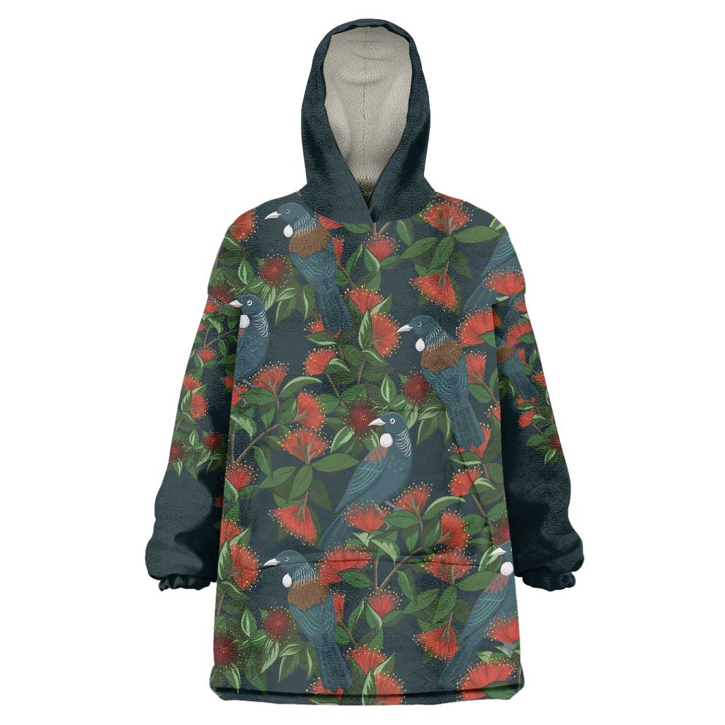 New Zealand Christmas Wearable Blanket Hoodie Romantic Tui Birds on Pohutukawa - Cobalt - Vibe Hoodie