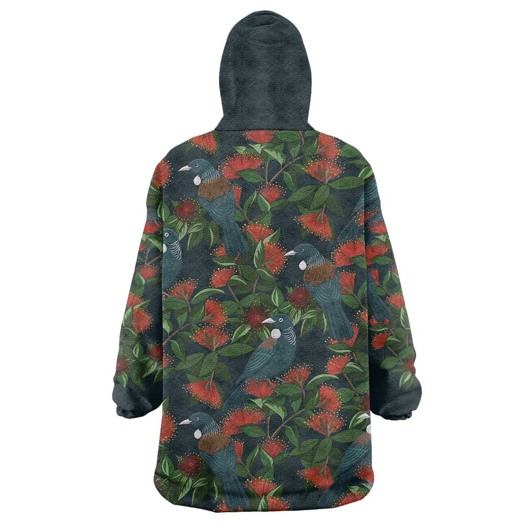 New Zealand Christmas Wearable Blanket Hoodie Romantic Tui Birds on Pohutukawa - Cobalt - Vibe Hoodie