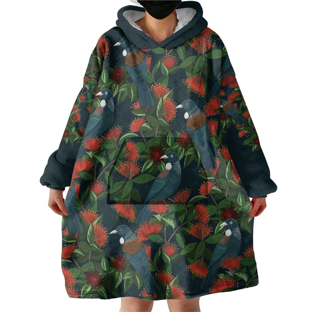 New Zealand Christmas Wearable Blanket Hoodie Romantic Tui Birds on Pohutukawa - Cobalt - Vibe Hoodie