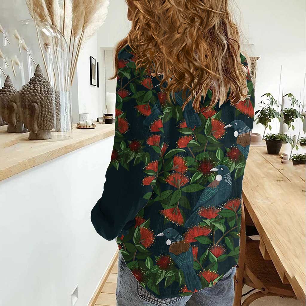 New Zealand Christmas Women Casual Shirt Romantic Tui Birds on Pohutukawa - Cobalt - Vibe Hoodie