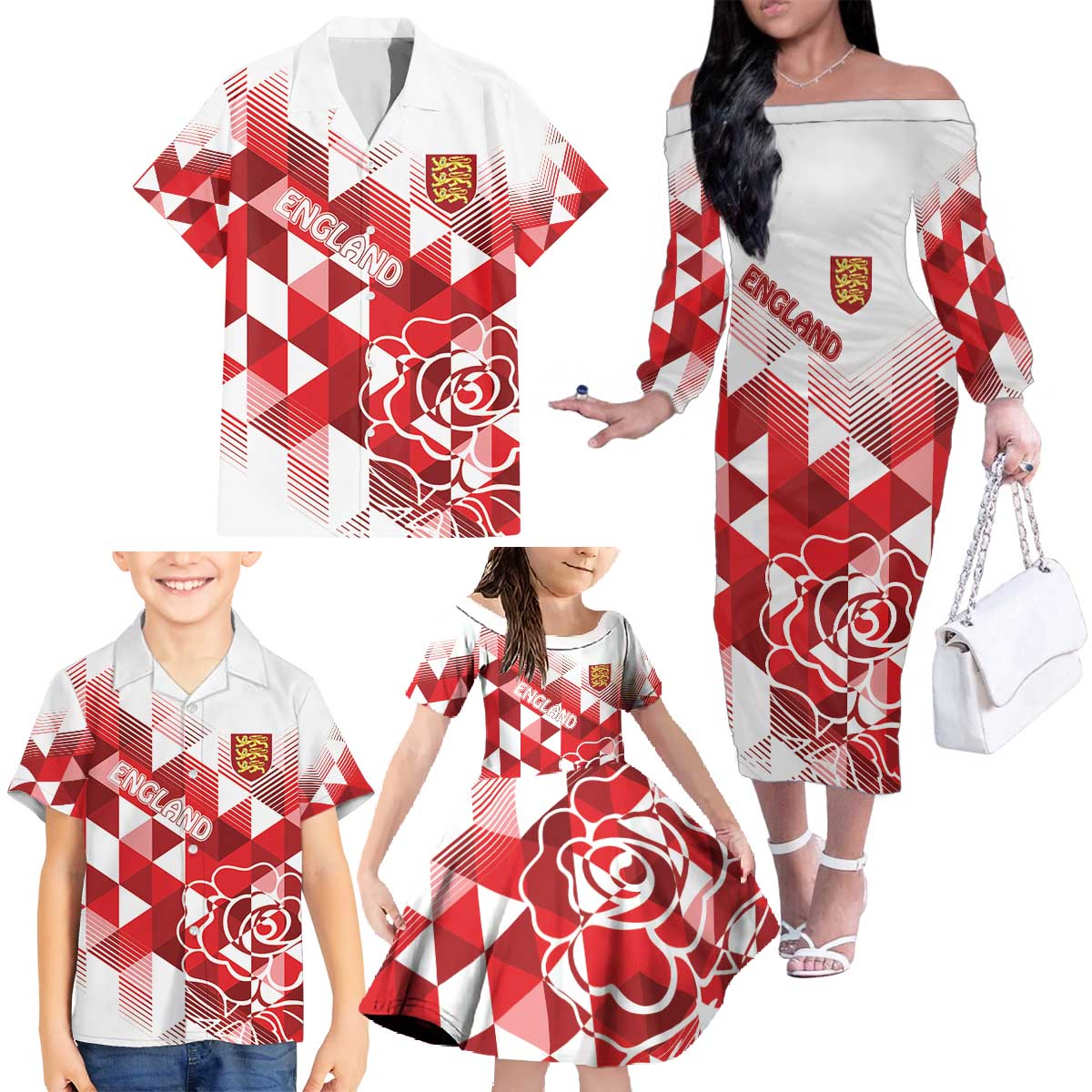 England Rugby Custom Family Matching Off The Shoulder Long Sleeve Dress and Hawaiian Shirt Crystalised Red Rose