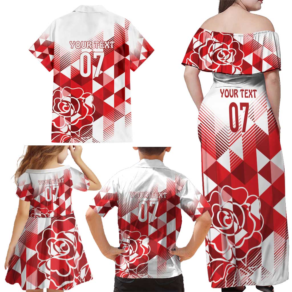 England Rugby Custom Family Matching Off Shoulder Maxi Dress and Hawaiian Shirt Crystalised Red Rose