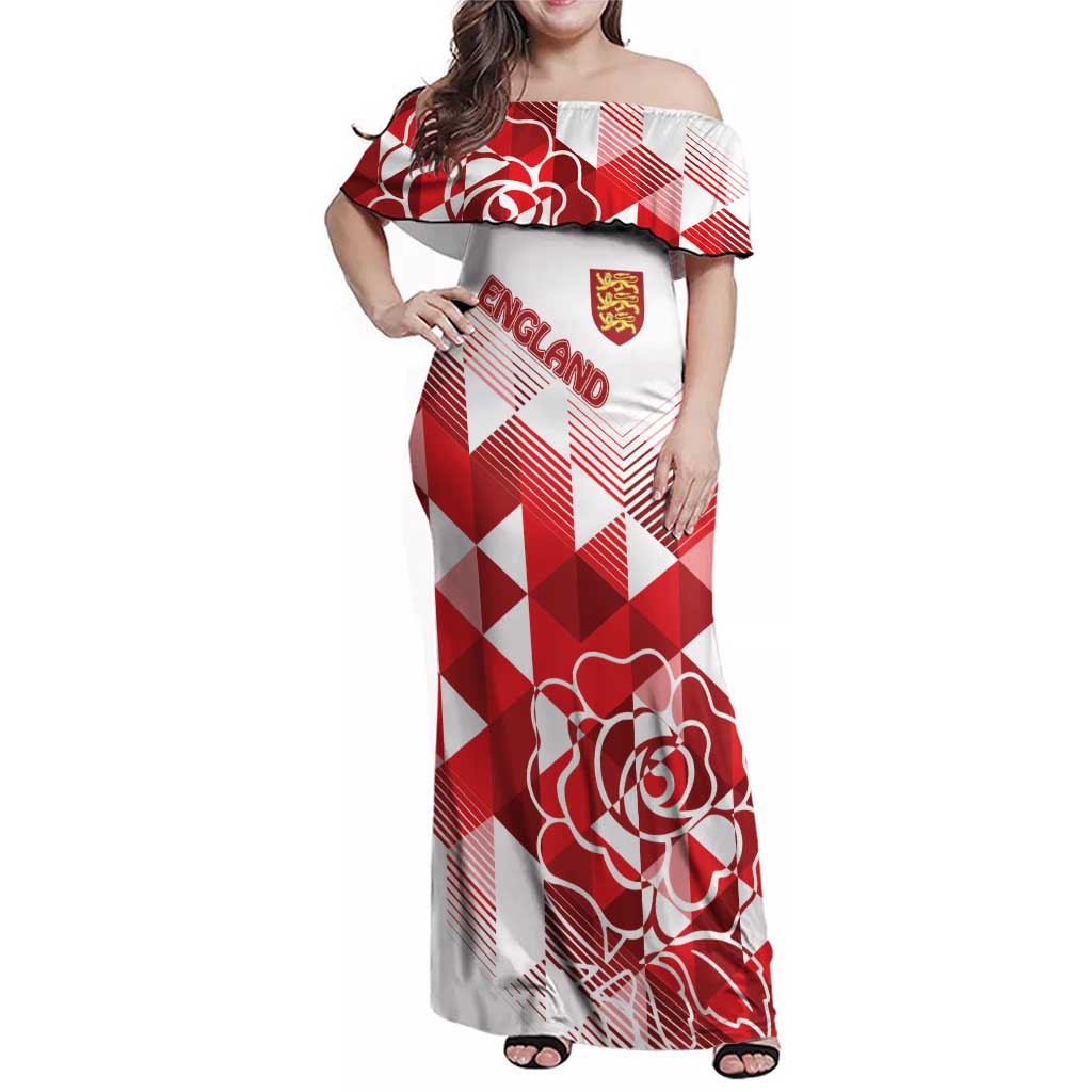 England Rugby Custom Family Matching Off Shoulder Maxi Dress and Hawaiian Shirt Crystalised Red Rose