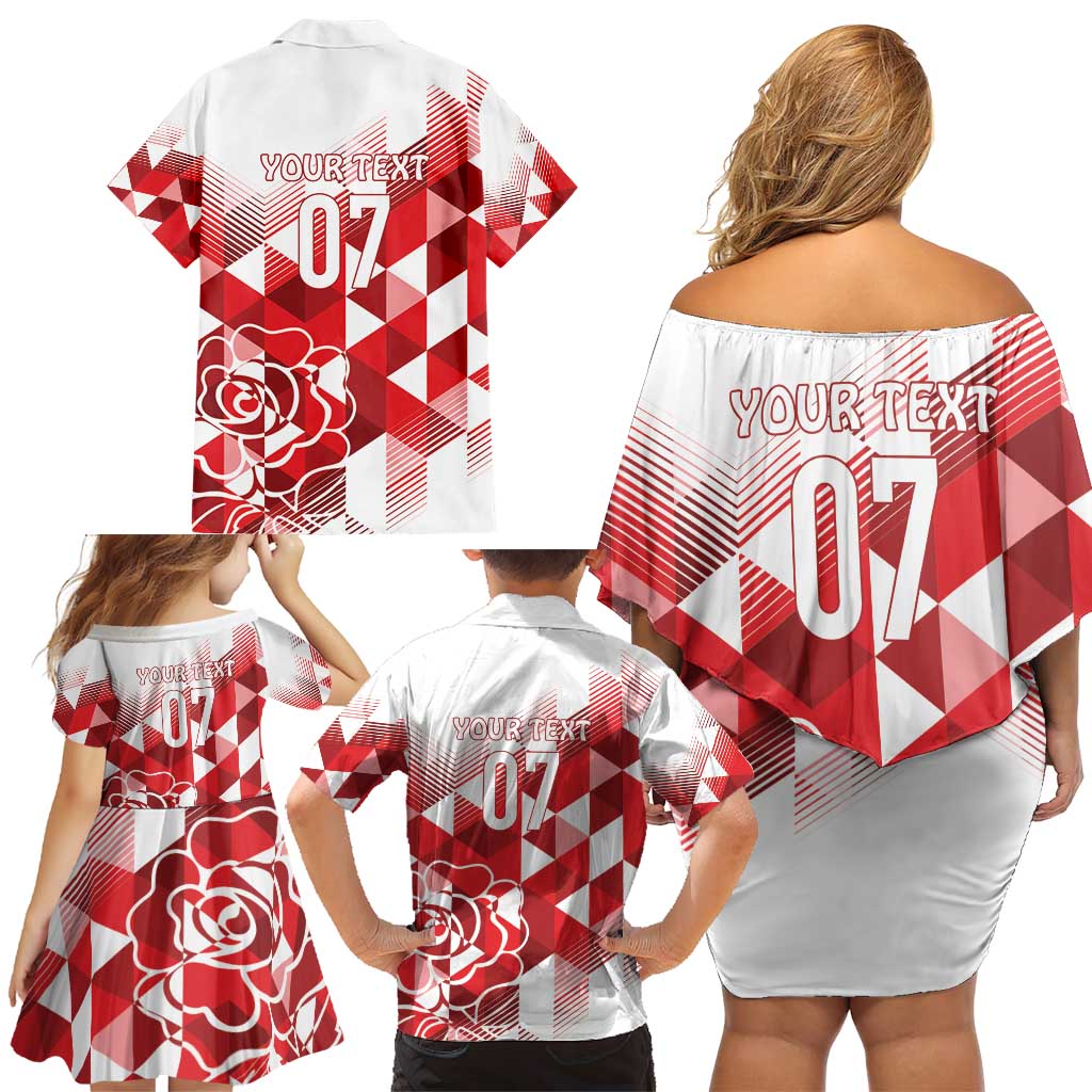 England Rugby Custom Family Matching Off Shoulder Short Dress and Hawaiian Shirt Crystalised Red Rose