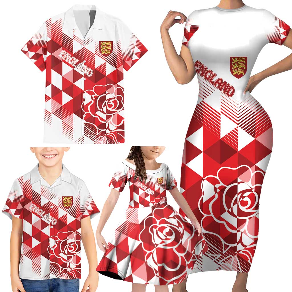 England Rugby Custom Family Matching Short Sleeve Bodycon Dress and Hawaiian Shirt Crystalised Red Rose