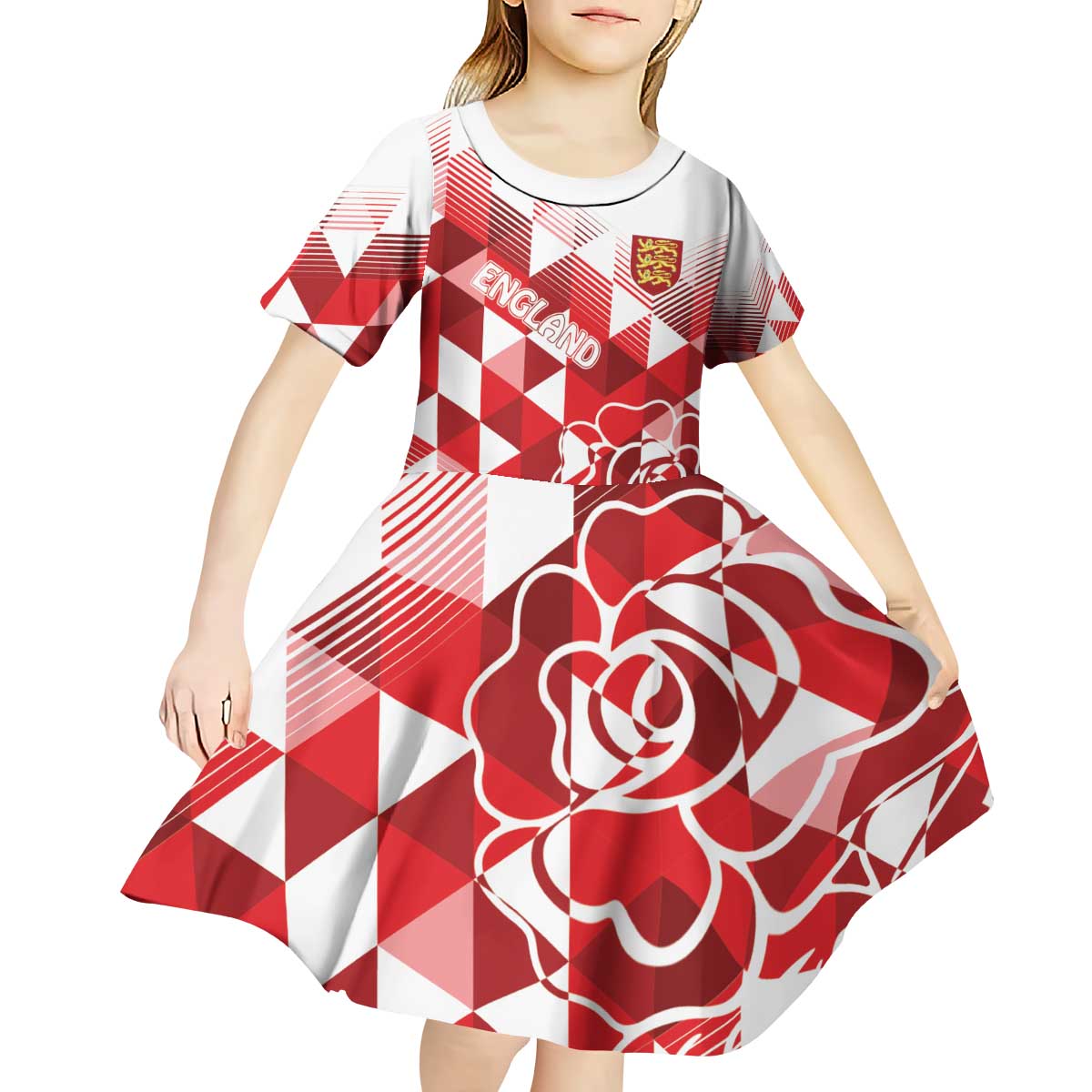 England Rugby Custom Kid Short Sleeve Dress Crystalised Red Rose - Vibe Hoodie Shop