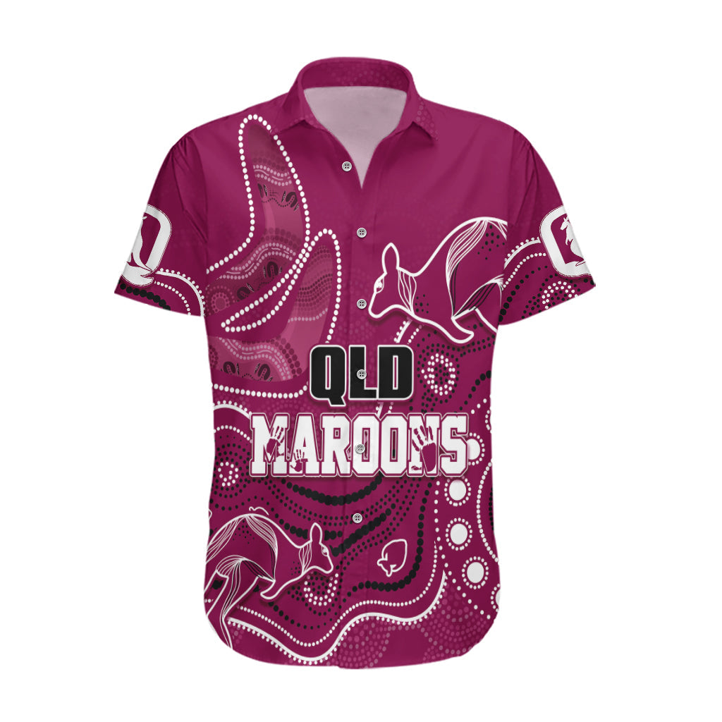 Personalised QLD Maroons Rugby Indigenous Hawaiian Shirt Kangaroo Mix Boomerang - Vibe Hoodie Shop