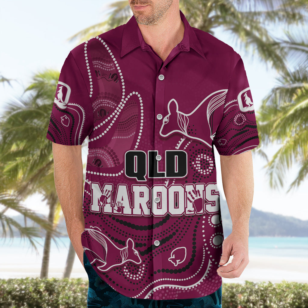 Personalised QLD Maroons Rugby Indigenous Hawaiian Shirt Kangaroo Mix Boomerang - Vibe Hoodie Shop