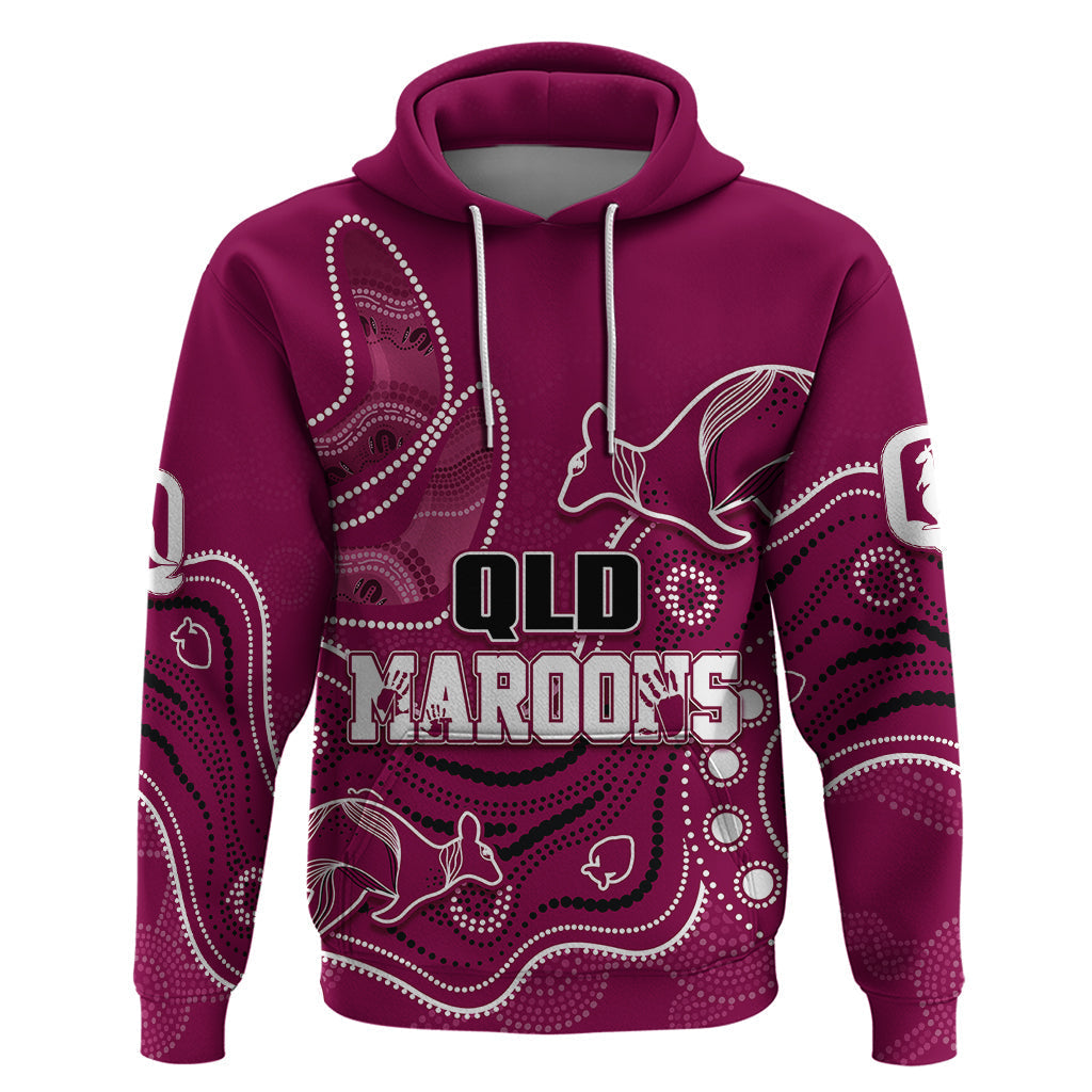 Personalised QLD Maroons Rugby Indigenous Hoodie Kangaroo Mix Boomerang LT7 - Vibe Hoodie Shop