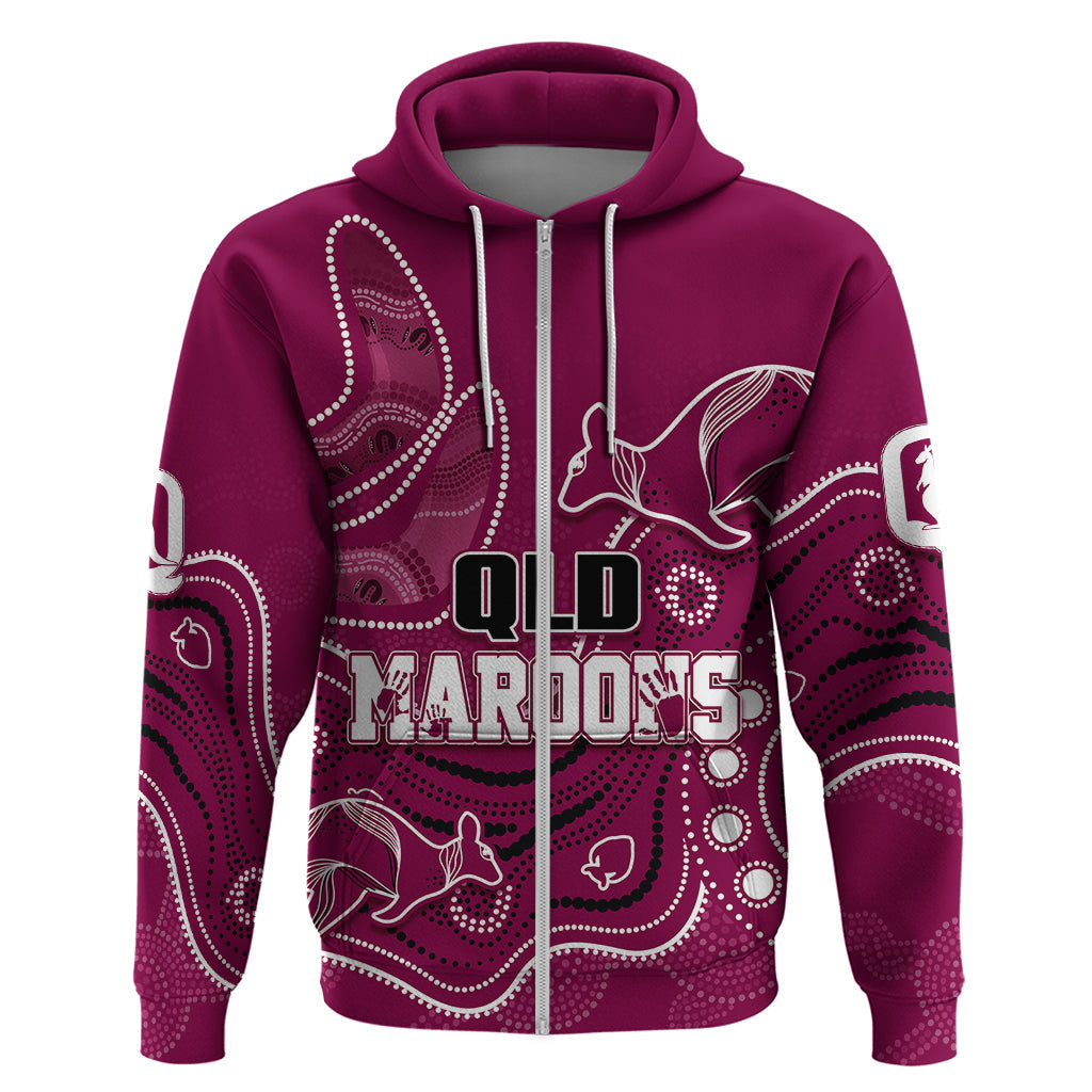 Personalised QLD Maroons Rugby Indigenous Hoodie Kangaroo Mix Boomerang LT7 - Vibe Hoodie Shop