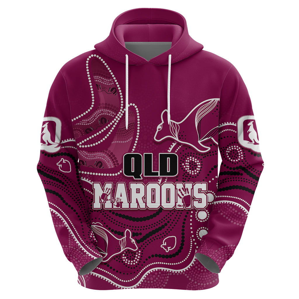 Personalised QLD Maroons Rugby Indigenous Hoodie Kangaroo Mix Boomerang LT7 - Vibe Hoodie Shop