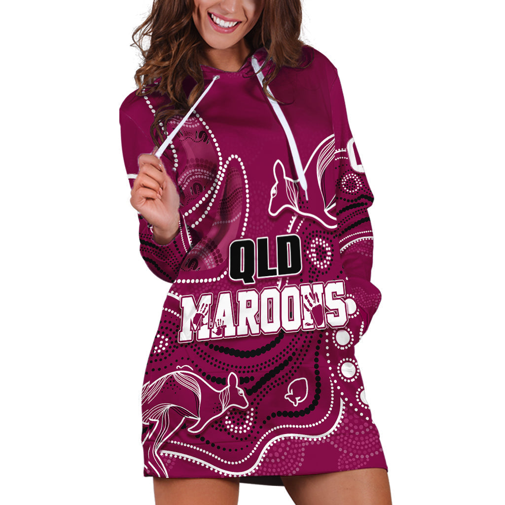 Personalised QLD Maroons Rugby Indigenous Hoodie Dress Kangaroo Mix Boomerang - Vibe Hoodie Shop