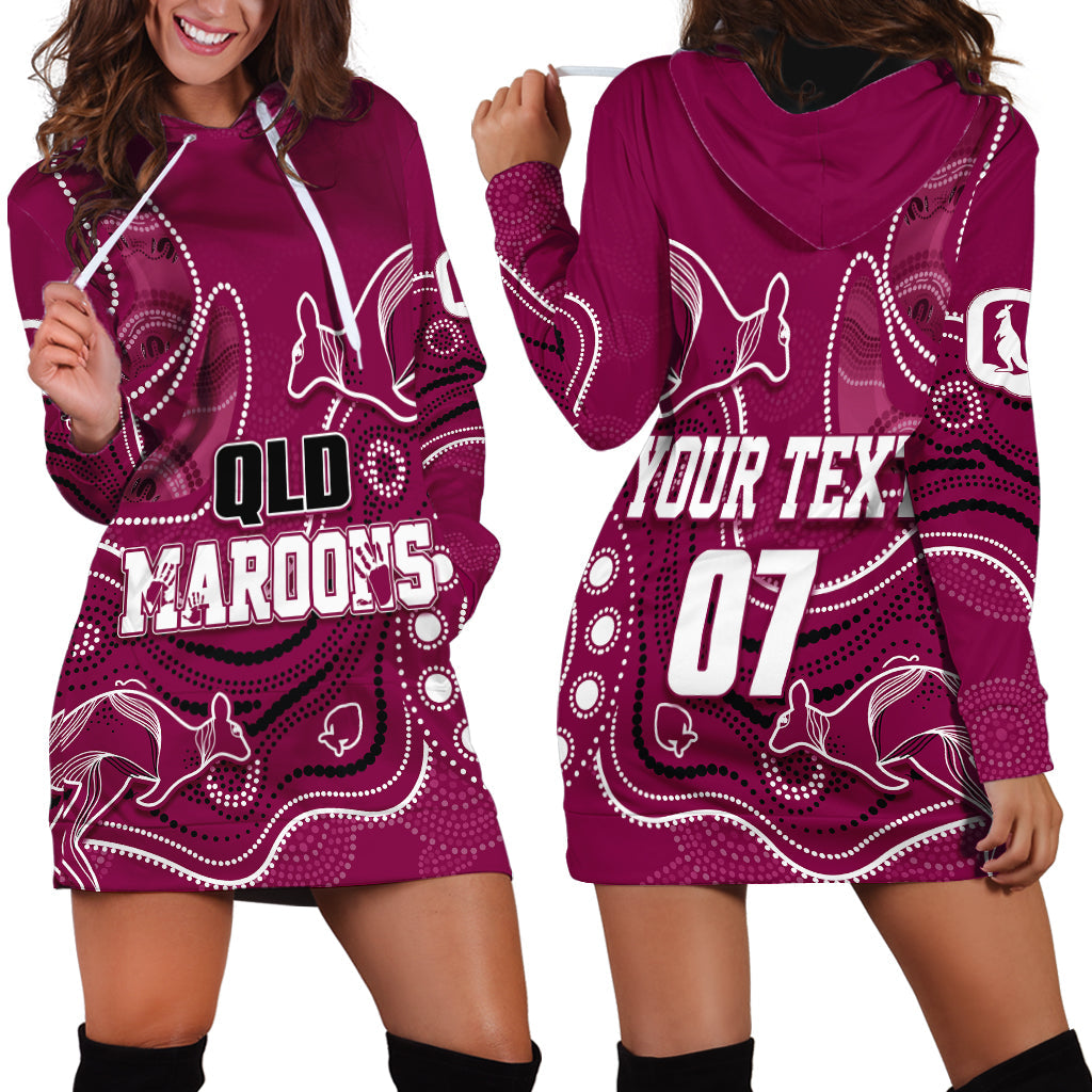 Personalised QLD Maroons Rugby Indigenous Hoodie Dress Kangaroo Mix Boomerang - Vibe Hoodie Shop
