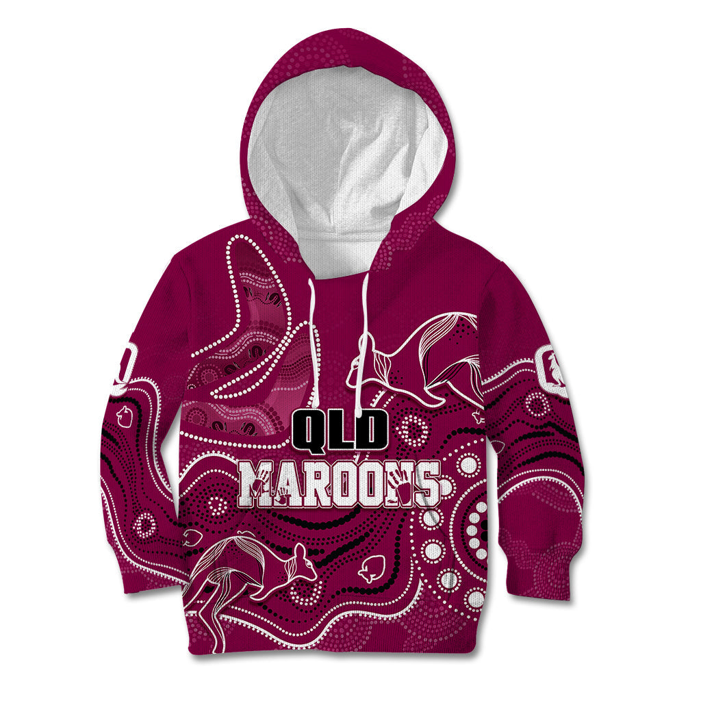 Personalised QLD Maroons Rugby Indigenous Kid Hoodie Kangaroo Mix Boomerang - Vibe Hoodie Shop