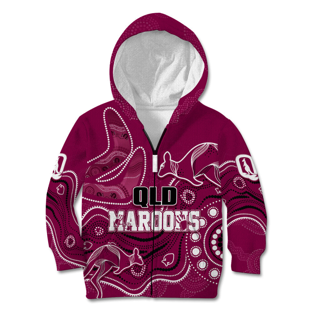 Personalised QLD Maroons Rugby Indigenous Kid Hoodie Kangaroo Mix Boomerang - Vibe Hoodie Shop