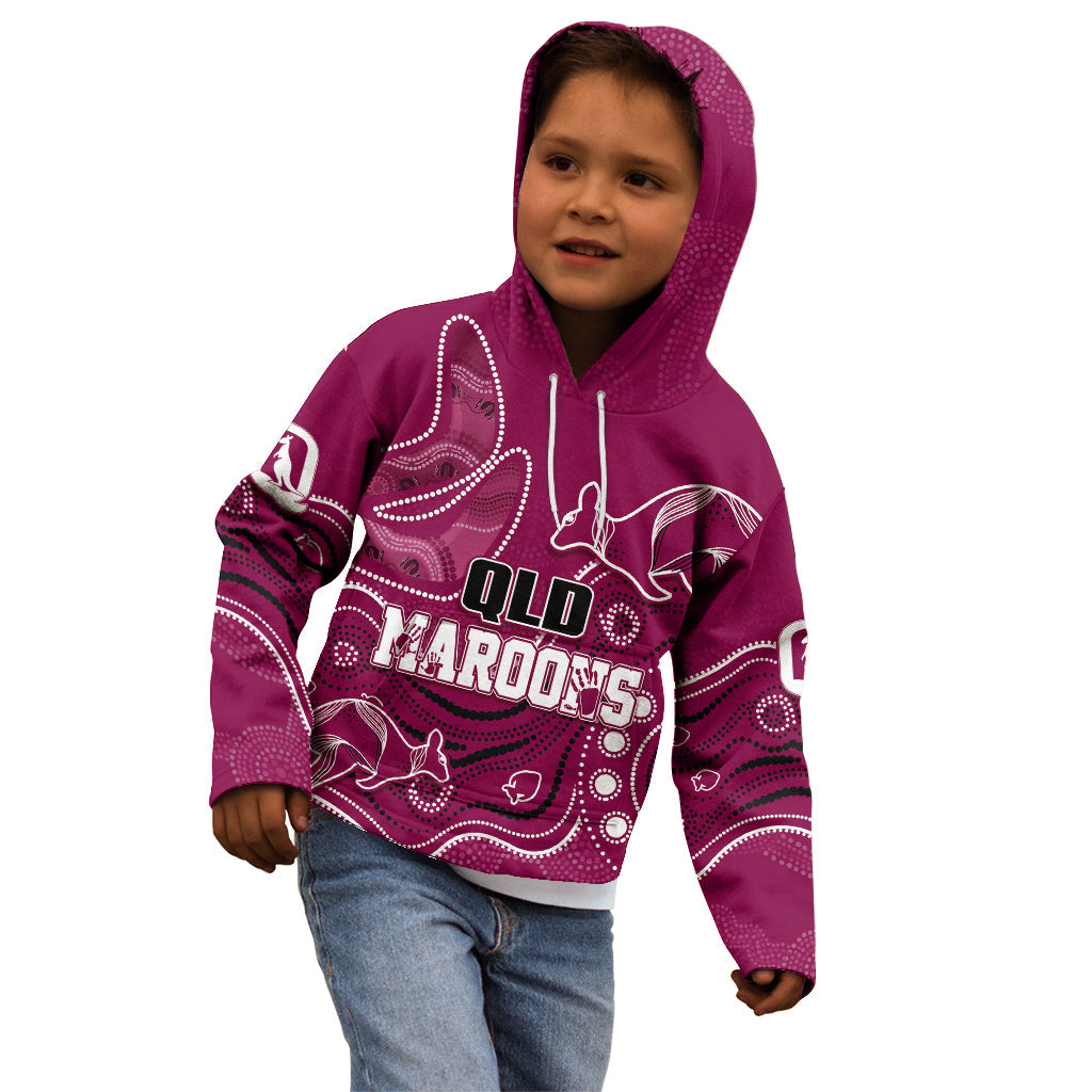 Personalised QLD Maroons Rugby Indigenous Kid Hoodie Kangaroo Mix Boomerang - Vibe Hoodie Shop