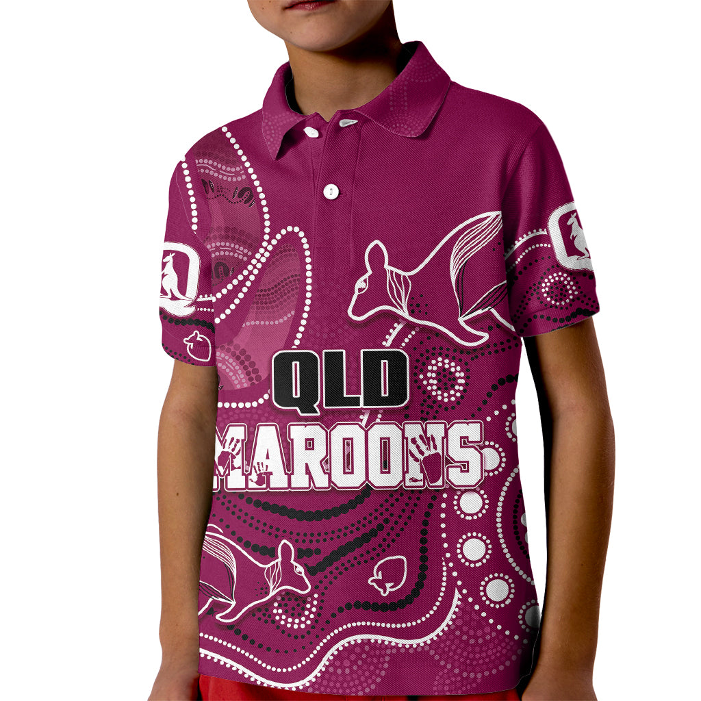 Personalised QLD Maroons Rugby Indigenous Kid Polo Shirt Kangaroo Mix Boomerang - Vibe Hoodie Shop