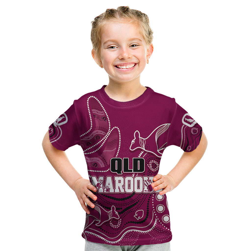 Personalised QLD Maroons Rugby Indigenous Kid T Shirt Kangaroo Mix Boomerang - Vibe Hoodie Shop