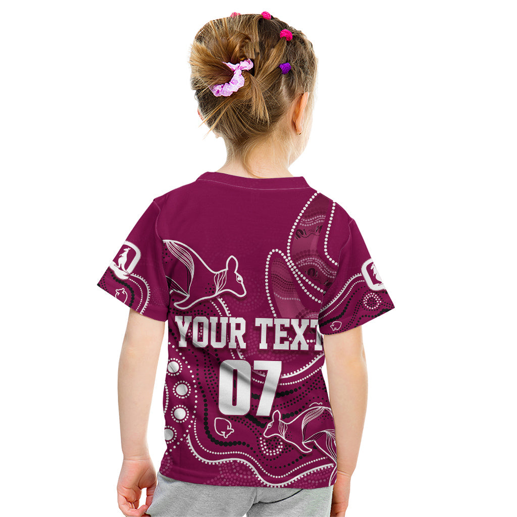 Personalised QLD Maroons Rugby Indigenous Kid T Shirt Kangaroo Mix Boomerang - Vibe Hoodie Shop