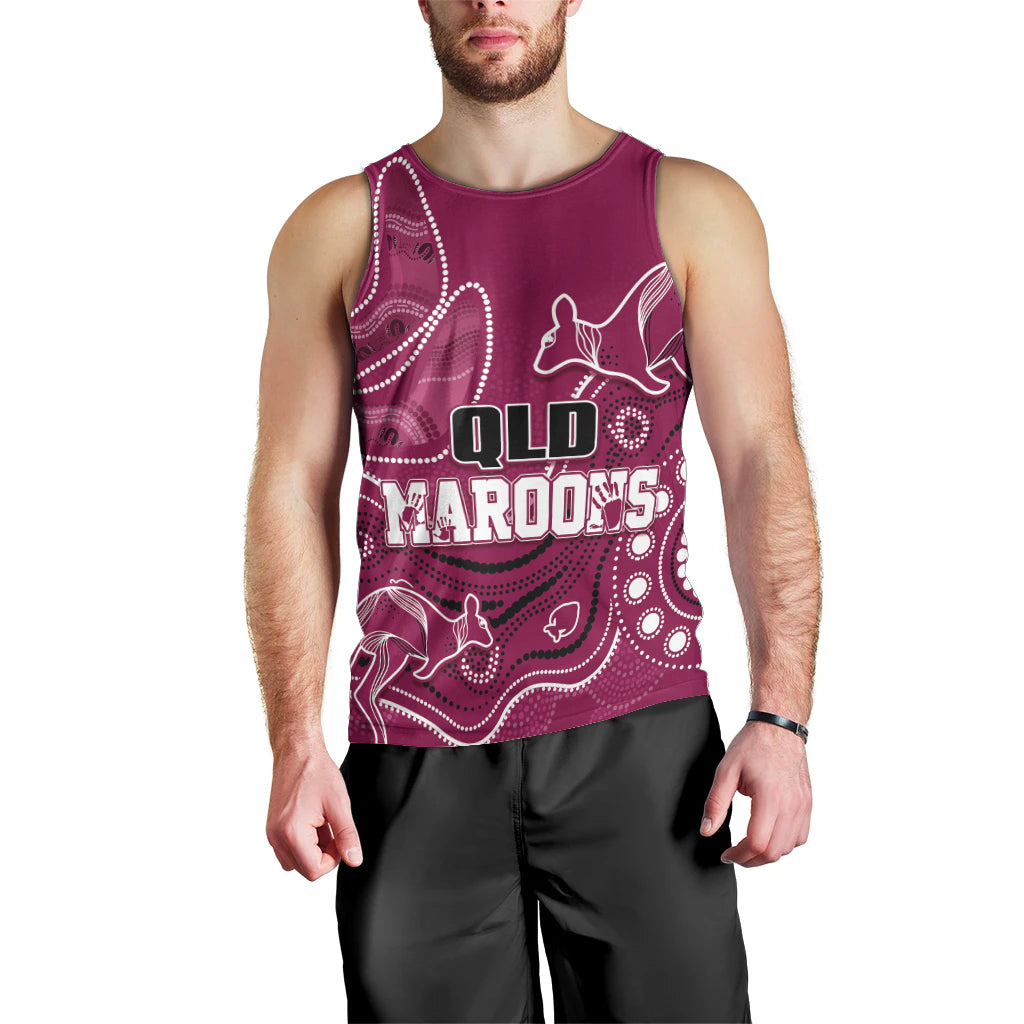 Personalised QLD Maroons Rugby Indigenous Men Tank Top Kangaroo Mix Boomerang - Vibe Hoodie Shop