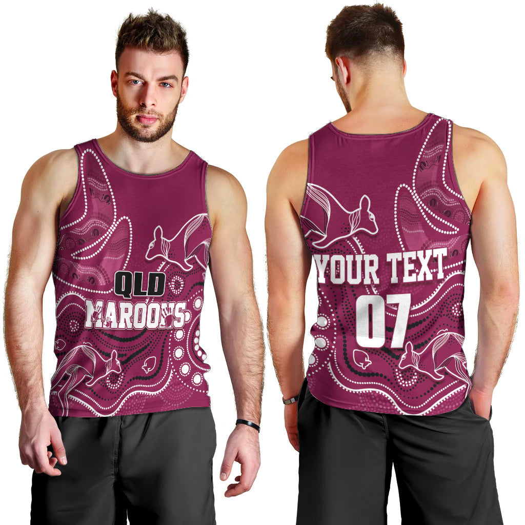 Personalised QLD Maroons Rugby Indigenous Men Tank Top Kangaroo Mix Boomerang - Vibe Hoodie Shop