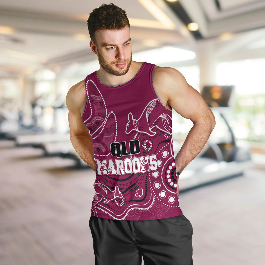 Personalised QLD Maroons Rugby Indigenous Men Tank Top Kangaroo Mix Boomerang - Vibe Hoodie Shop