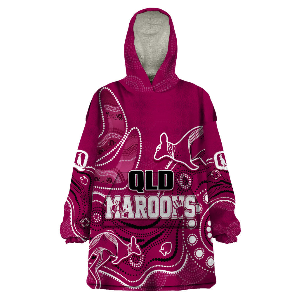 Personalised QLD Maroons Rugby Indigenous Wearable Blanket Hoodie Kangaroo Mix Boomerang - Vibe Hoodie Shop