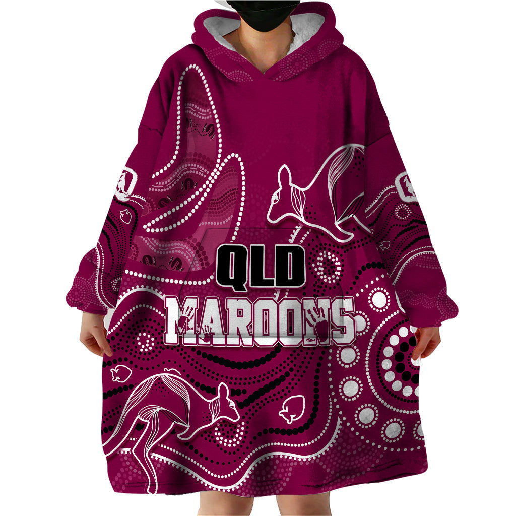 Personalised QLD Maroons Rugby Indigenous Wearable Blanket Hoodie Kangaroo Mix Boomerang - Vibe Hoodie Shop