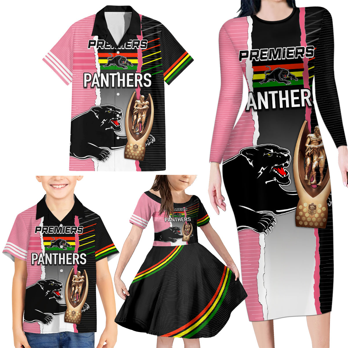 personalised-panther-rugby-nrl-premiers-family-matching-long-sleeve-bodycon-dress-and-hawaiian-shirt-panther-pride-black-pink-sporty-vibe
