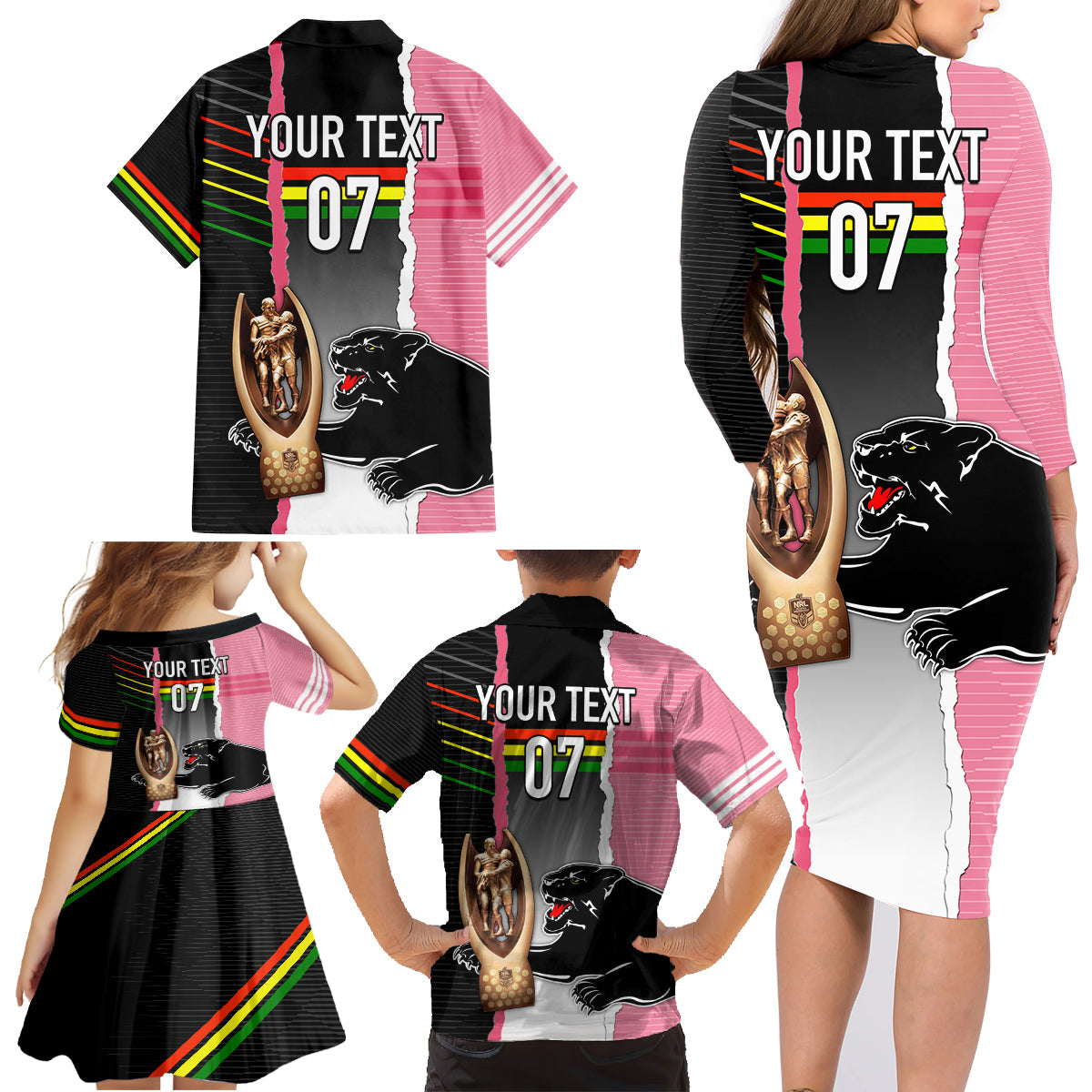 personalised-panther-rugby-nrl-premiers-family-matching-long-sleeve-bodycon-dress-and-hawaiian-shirt-panther-pride-black-pink-sporty-vibe